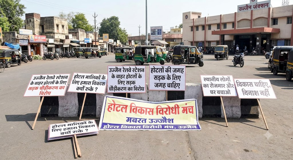 Placards outside Ujjain Junction on hotel development, road widening, livelihoods, and homes